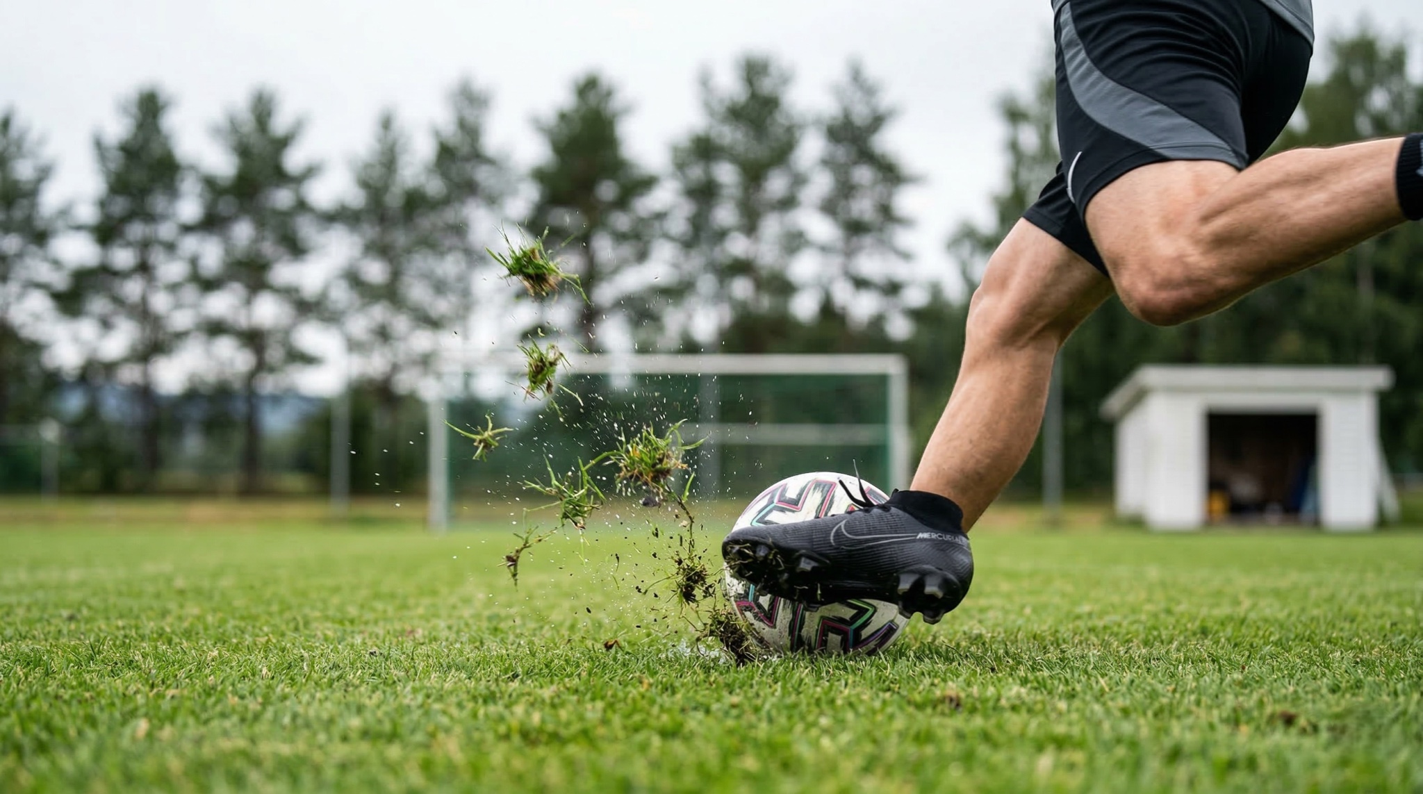 Fotball sparkes på gressbane med gress som flyr opp