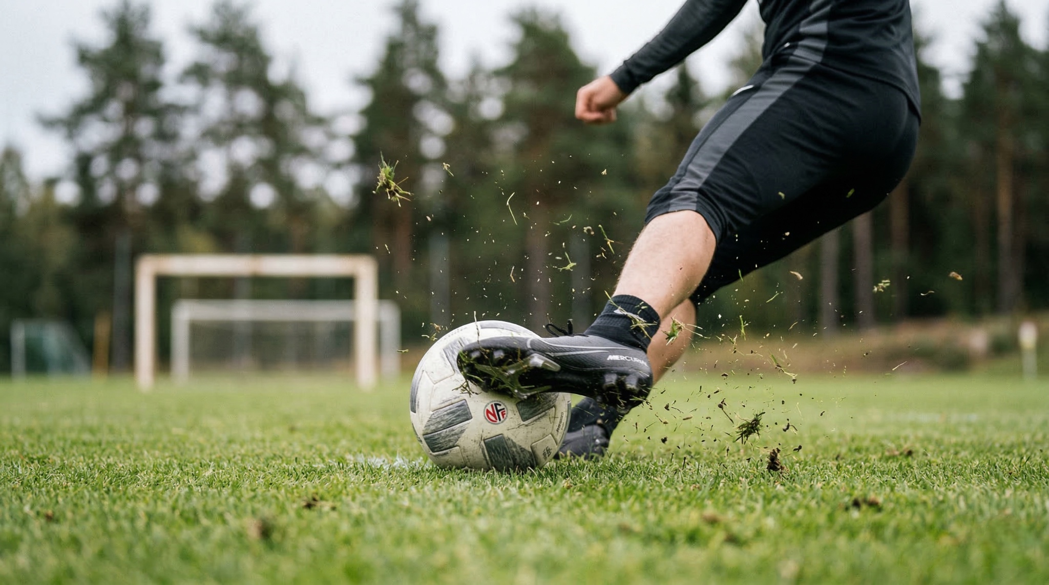 Fotball sparkes i treningssituasjon på gressbane