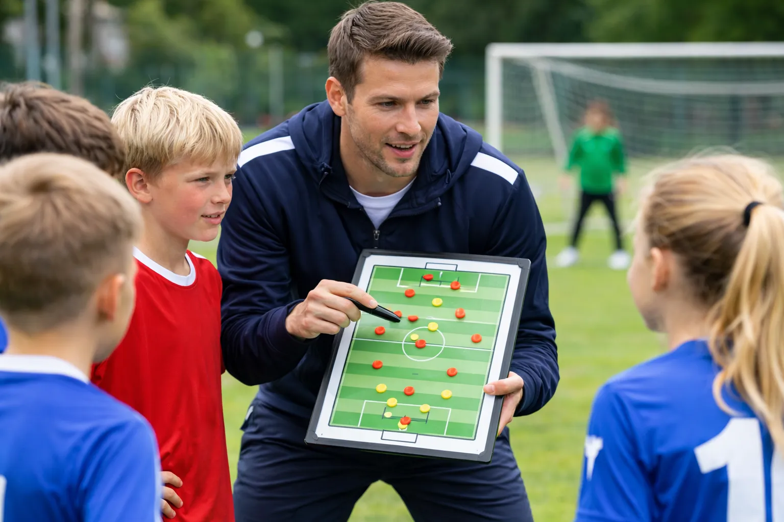 Fotballtrener forklarer taktikk til barn med taktikktavle