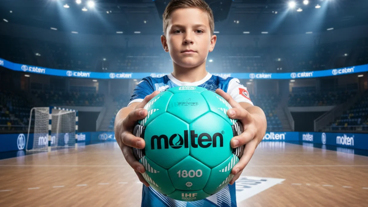 Ung håndballspiller som holder en Molten-håndball i hallen