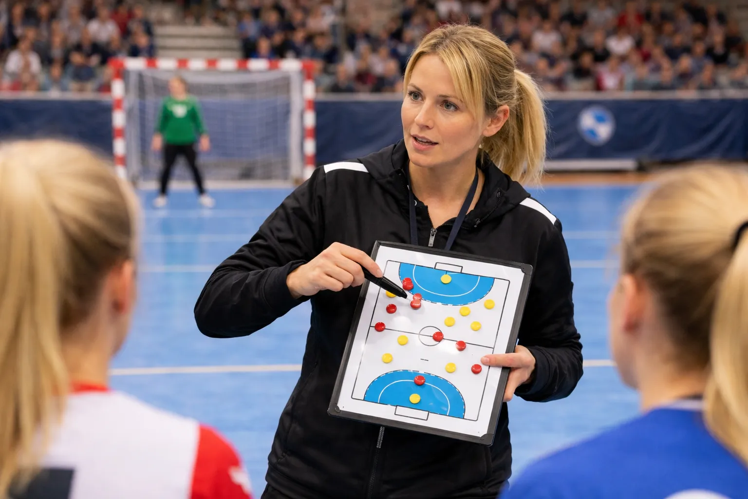 Kvinnelig håndballtrener med taktikktavle i hall