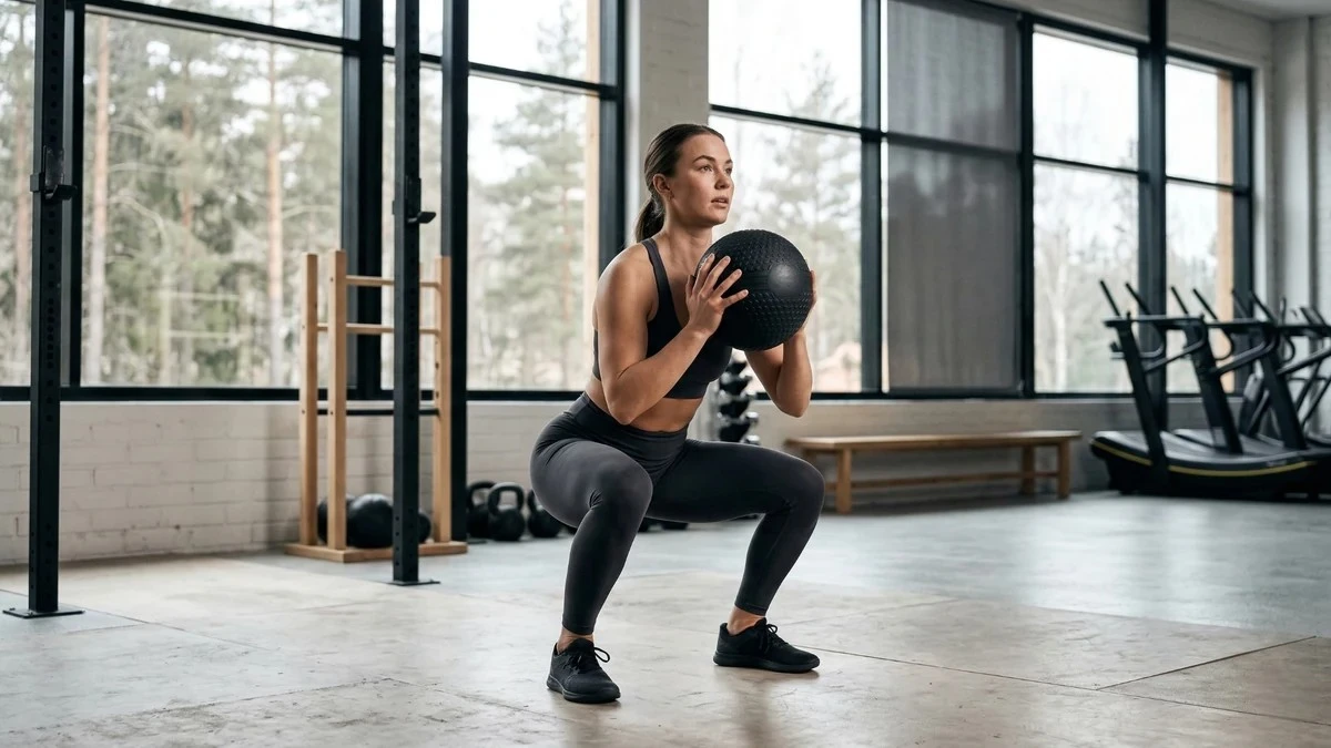 Knebøy med medisinball i funksjonell styrketrening