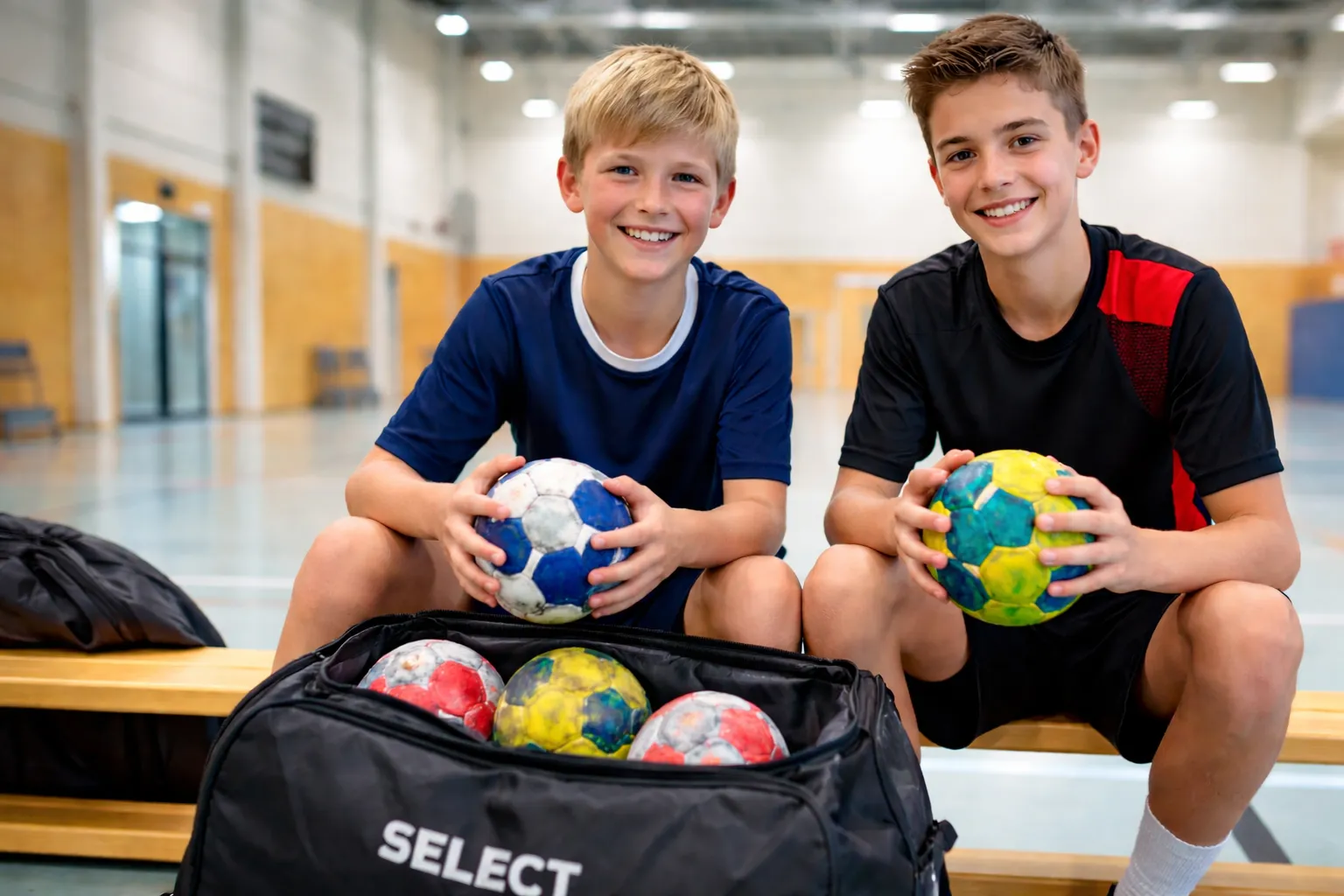 To håndballspillere med bag full av håndballer i hall