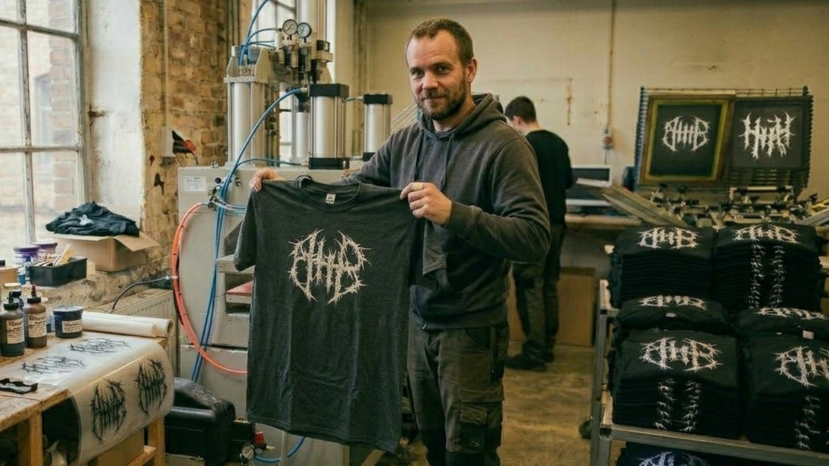 Trykker holder opp ferdig trykket T-skjorte i trykkeriet