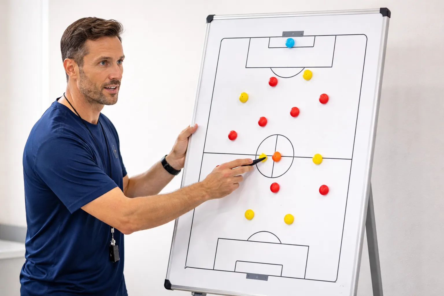 Trener forklarer taktikk med taktikktavle