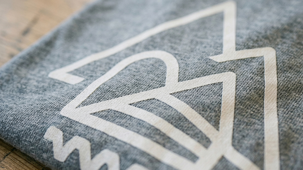 Nærbilde av trykk på t-skjorte som viser struktur og kvalitet