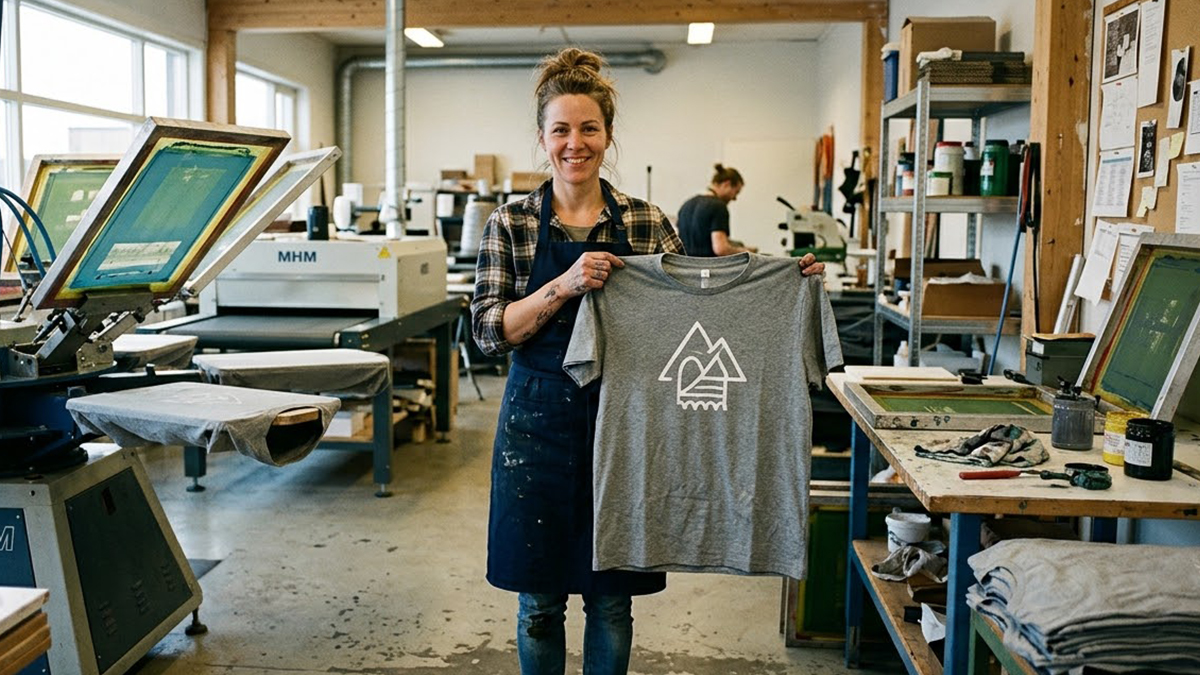 Trykker holder opp ferdig trykket t-skjorte i verksted