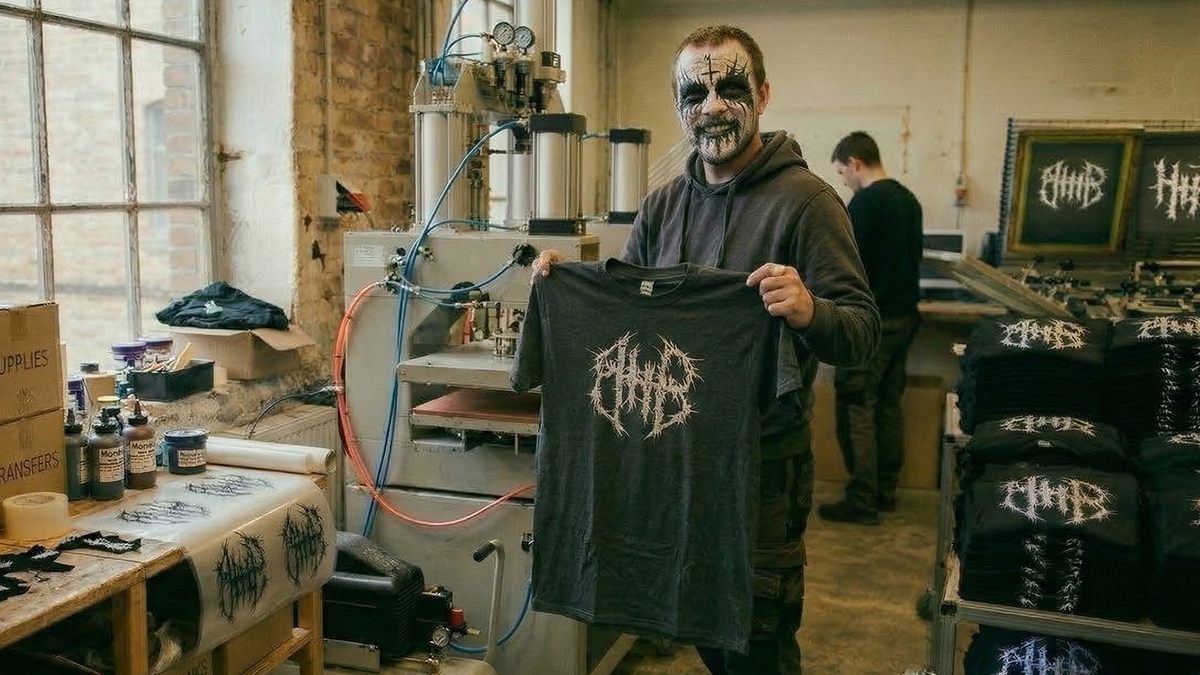 Trykker med T-skjorte i trykkeri