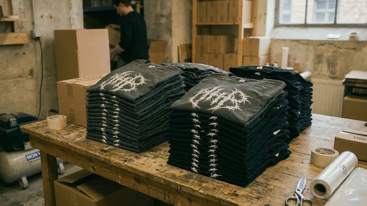 Trykte T-skjorter stablet på bord i trykkeri